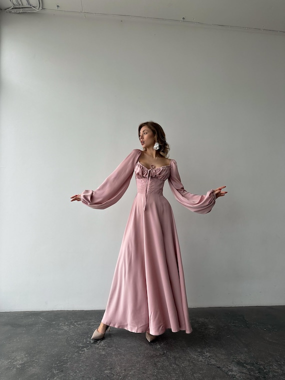 Dusty Pink Silk Maxi Dress With Side Slit and Bishop Sleeves
