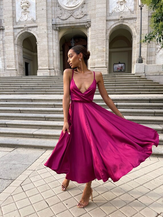 Fuchsia Silk Midi Dress With Open Back, Pink Silk Bridesmaid Midi