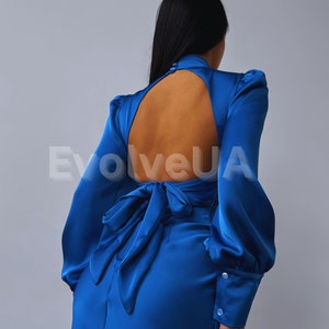 Silk Open Back Dress with Long Sleeves, Royal Blue Silk Midi Dress Bishop Sleeves, Silk Turtleneck Dress with Open Back, Blue  Satin Dress