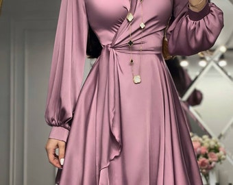 Lilac Silk Wrap Mini Dress, Wedding Guest Silk Dress, Pinky Silk Wrap Dress for Special Occasions, Girls Night Out Mini dress with Sleeves