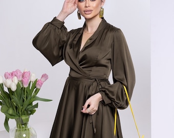 Khaki green Silk Wrap Mini Dress, Special Occasion Silk Dress Wedding Guest Silk Dress Khaki Green Silk Dress with Long Sleeves