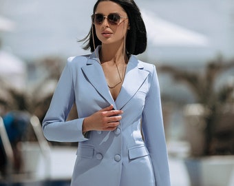 Light Blue Double-breasted Pantsuit for Women, Classic Blazer