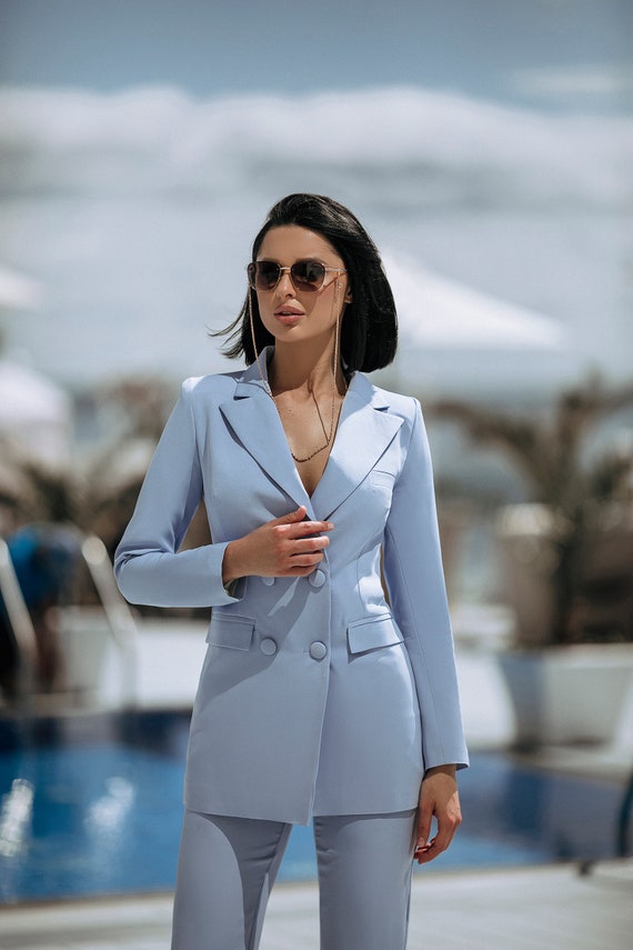 Royal Blue Formal Pants Suit With Single Breasted Blazer and Straight Pants  High Waist, Blue Blazer Trouser Suit for Women 