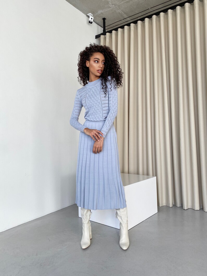 Knit Midi Dress for Women Modest Dresses Light Blue Knit Etsy