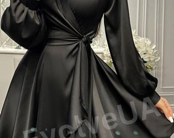 Black Silk Wrap Mini Dress, Bishop Sleeves - Etsy