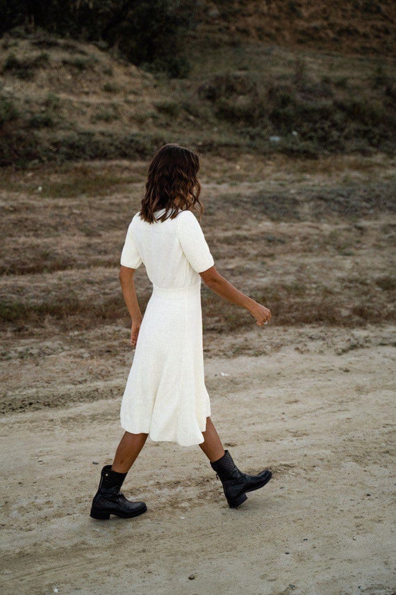 White Knit Midi Dress for Women Short 