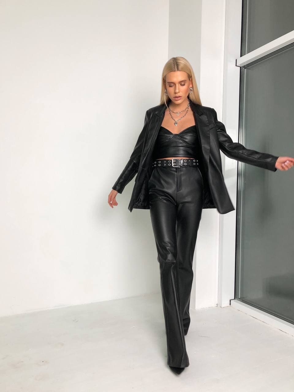Faux Leather Pants and Blazer Suit Set 