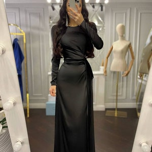 Black Floor long Silk Dress, Black Silk Maxi Dress, Elegant Silk Dress Long Sleeve, Silk Modest Dress Maxi length image 3