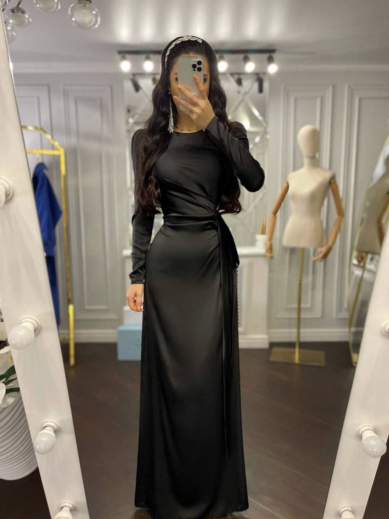 Black Floor long Silk Dress, Black Silk Maxi Dress, Elegant Silk Dress Long Sleeve, Silk Modest Dress Maxi length image 3