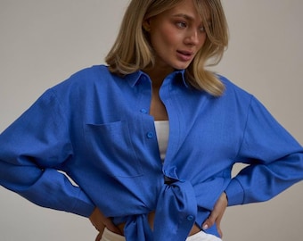 Royal Blue Linen Collared Shirt for Women Oversized style