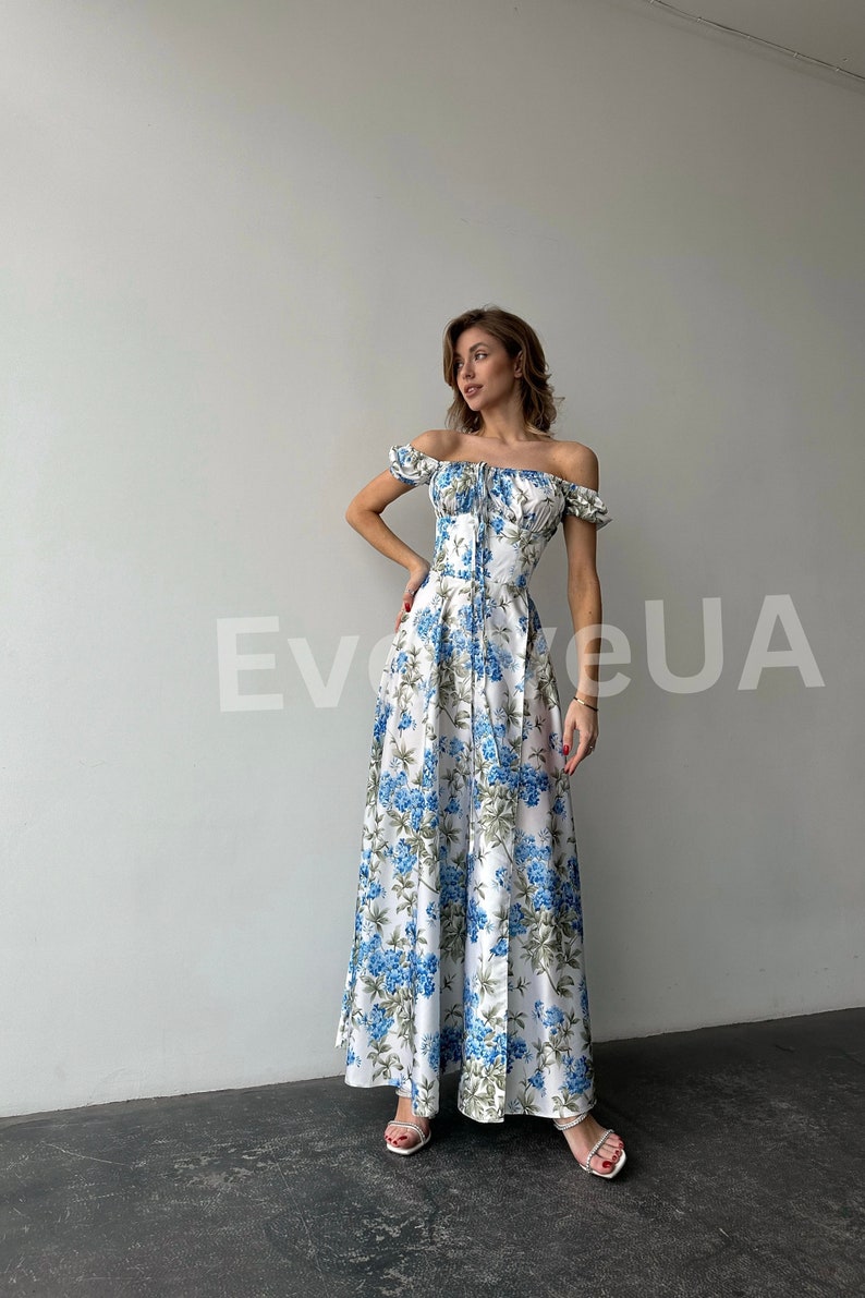 Floral Silk Maxi Dress with side slit and bustier Top, Floral Silk Maxi Dress for Summer, Vacation Dress for Honeymoon image 9