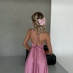 Lilac Silk Midi Dress with Open back, Pink Silk Bridesmaid Midi Dress, Pink Maid of Honor Silk Dress, Silk V-neck Midi Dress for Women