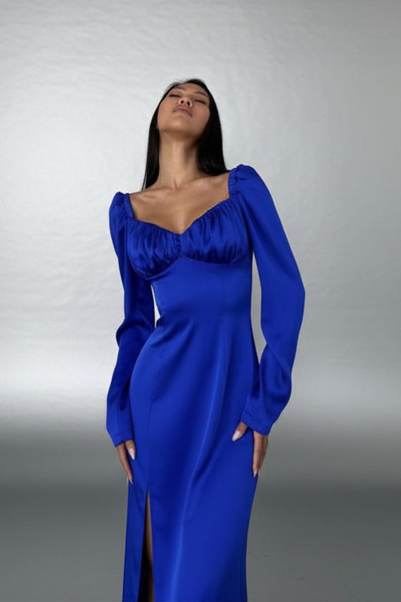 Royal Blue Satin Midi Sweetheart Dress With Long Sleeves - Etsy Israel Royal Blue Satin Midi Sweetheart Dress With Long Sleeves - Etsy Israel