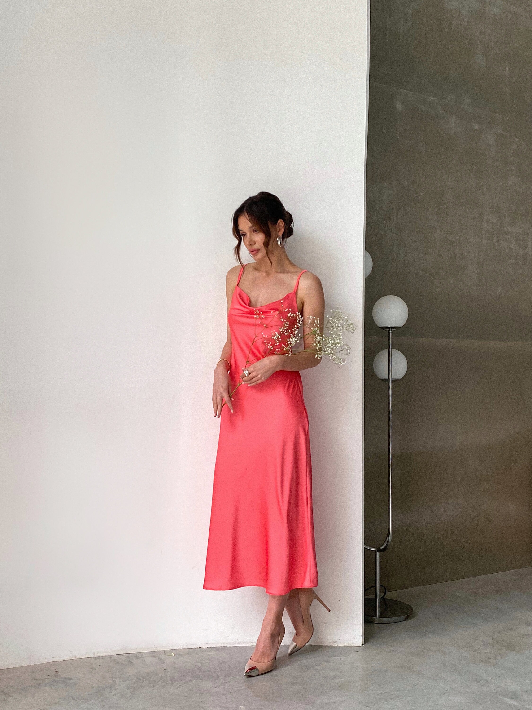 silk slip dress coral under $500 Sisters The Label - Havanna Slip Gown - Coral Silk