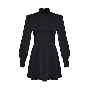 Black Satin Mini Dress with Open Back, Short Sleeve Cocktail Dress, Shiny Modern Party Look, Elegant Evening Outfit, Chic Little Black Dress