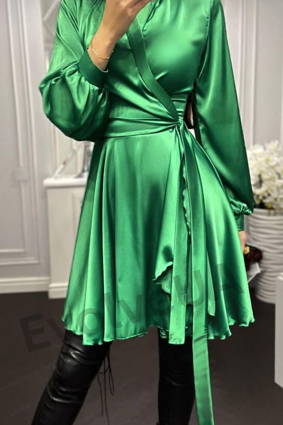 Bright Green Silk Mini Wrap Dress for Women Night Out Silk Mini Dress With Long Sleeves Wedding Guest Mini Dress Etsy Ireland