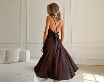 Chocolate Brown Silk Midi Dress Without Sleeves Open Back and Bow Tie Deep Cleavage - Etsy Chocolate Brown Silk Midi Dress Without Sleeves Open Back and Bow Tie Deep Cleavage - Etsy