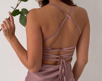 Dusty Rose Silk Slip Midi Dress with Cowl Neck and Open Back