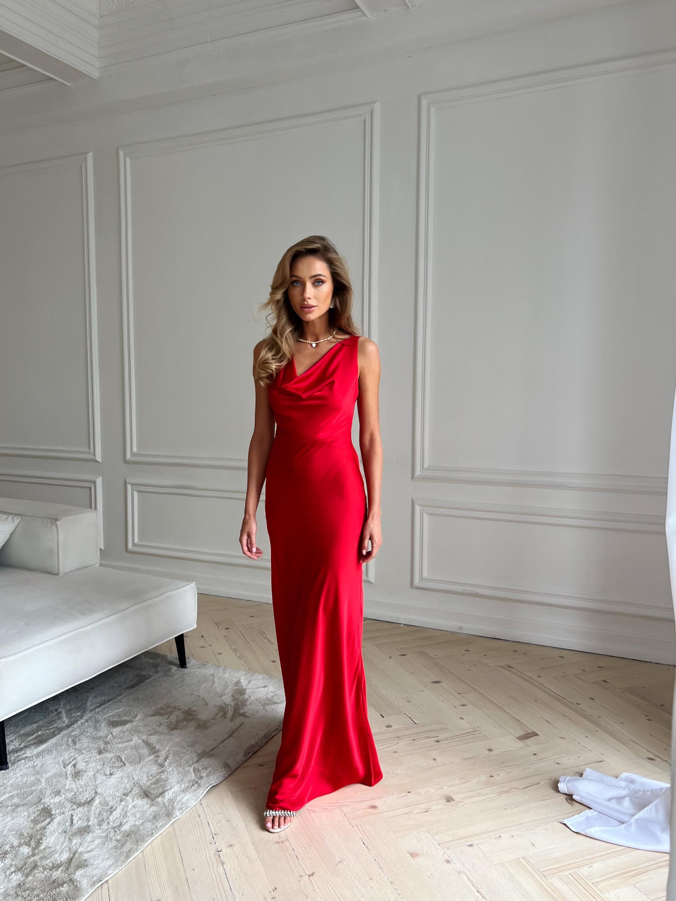 red cowl neck dress Red Silk Slip Dress with Cowl Neck and Maxi Length