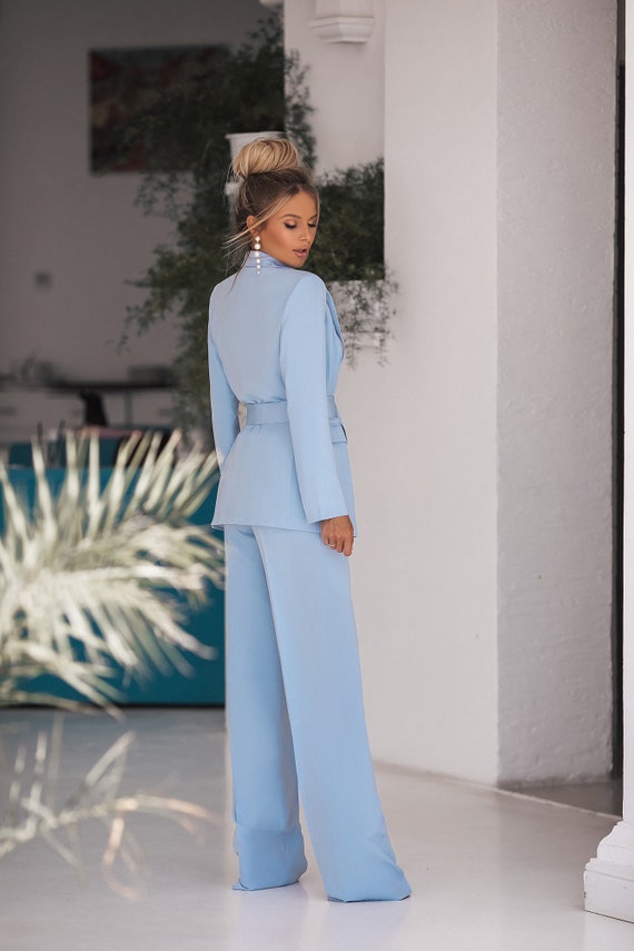 Blue Pantsuit for Women With Cropped Buttoned Blazer and Straight Pants  Front Slits, Blue Blazer Trouser Suit for Women, Blue Cropped Blazer 
