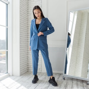 Light Blue Pantsuit for Women, Blazer Trouser Suit Set for Women