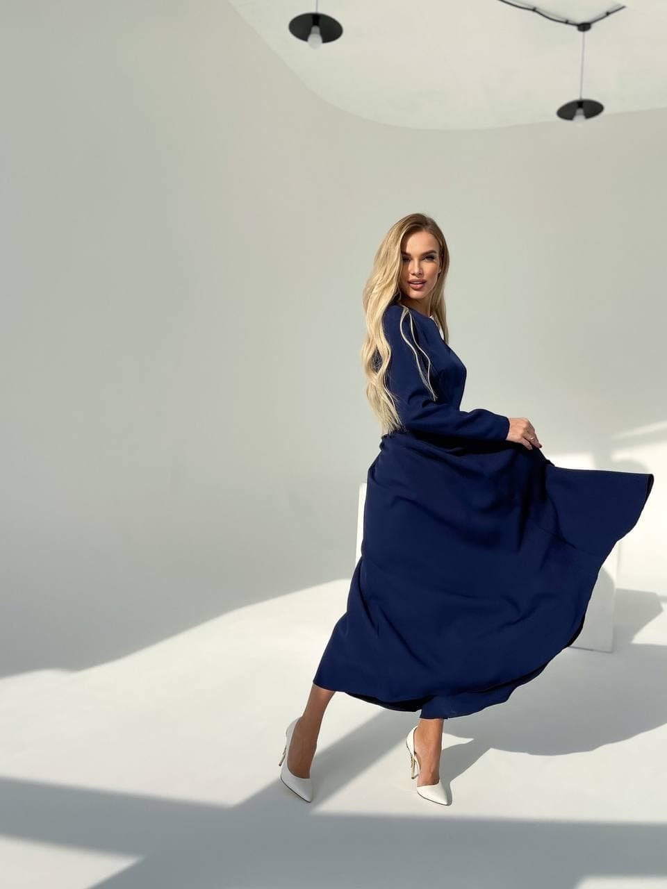 Navy Blue Midi Modest Dress for Women 