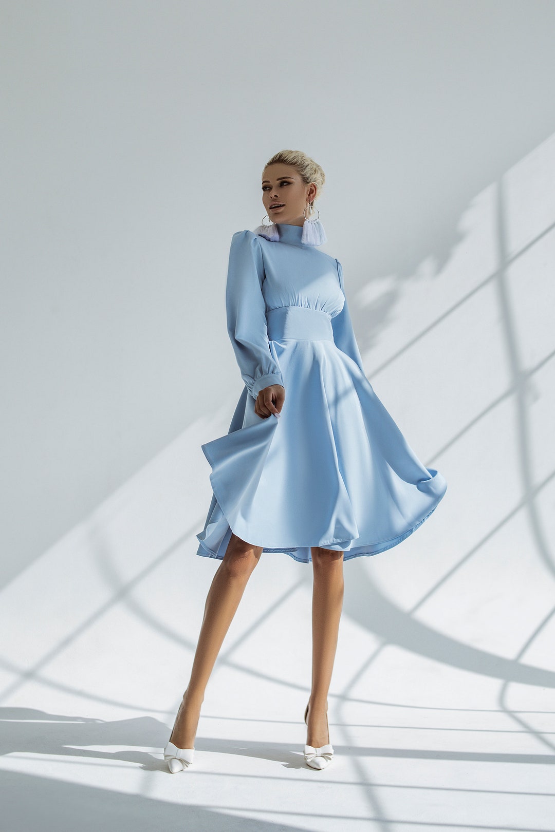 Light Blue Midi Dress With Long Sleeves and Circle Skirt, Blue Modest ...