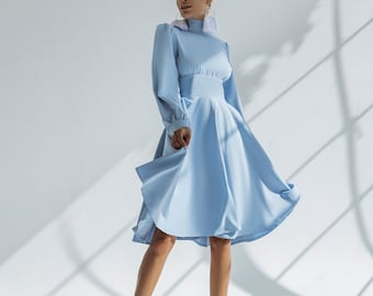 Light Blue Midi Dress with Long Sleeves and Circle Skirt, Blue Modest Engagement Dress, Midi Wedding Guest Dress with Sleeves