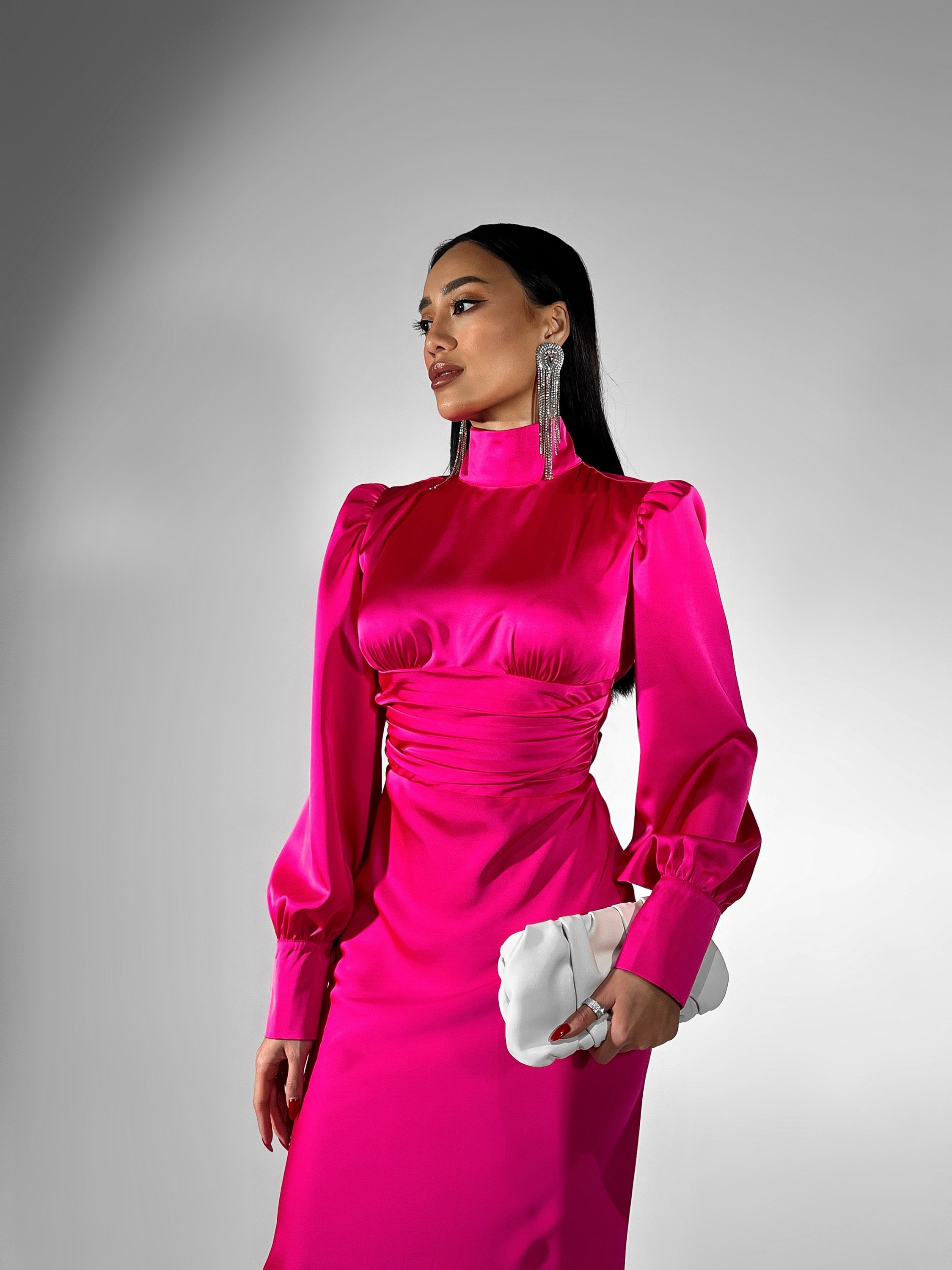 strapless open back dress Hurghada Hot Pink Plunge-Neck Long-Sleeve Maxi Dress – Club L London