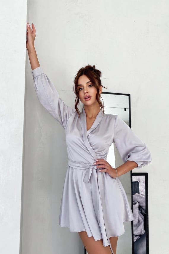 silver wrap mini dress Silver Grey Silk Wrap Mini with V-Neck and Tie Waist, Cocktail Outfit for Women