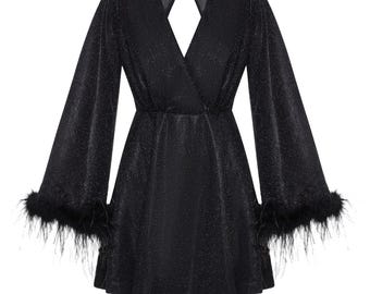 Black Glitter Mini with Ostrich Feather Sleeves and Open Back