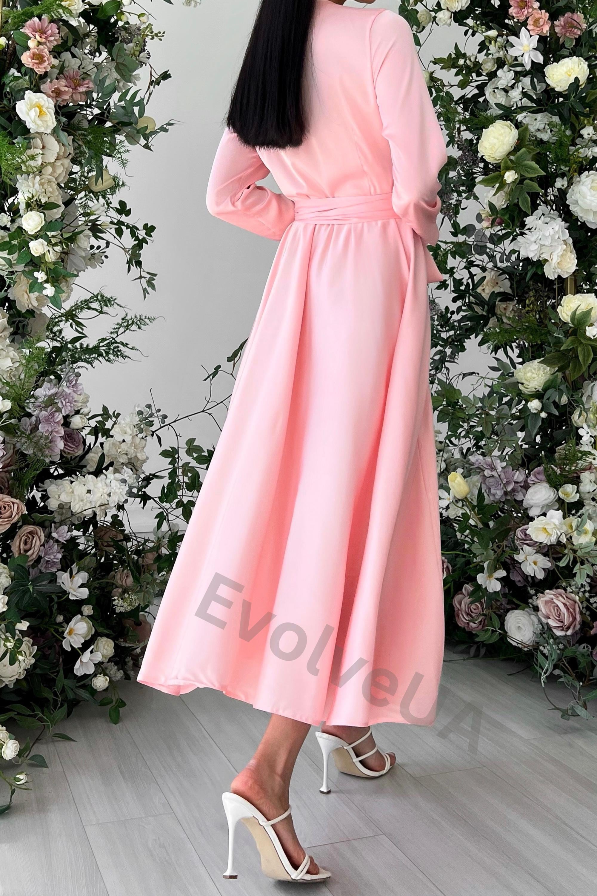 Light Pink Silk Wrap Midi Dress With Long Sleeves Blush Pink Silk Midi Dress for Special Occasions Wedding Guest Dress Etsy Canada