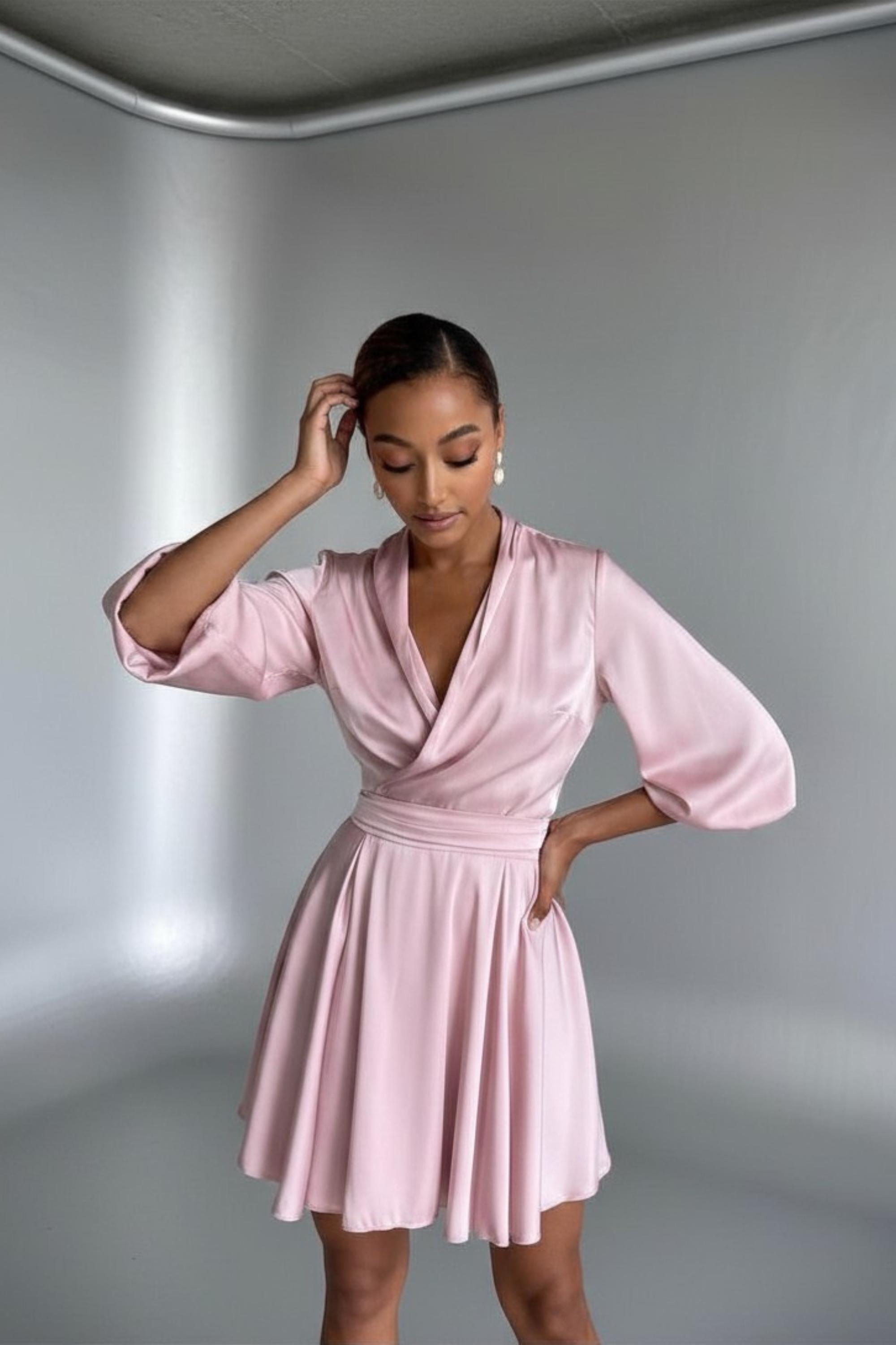 dusky pink wrap dress Regina womens wrap dress in dusky pink with long sleeves - Festive