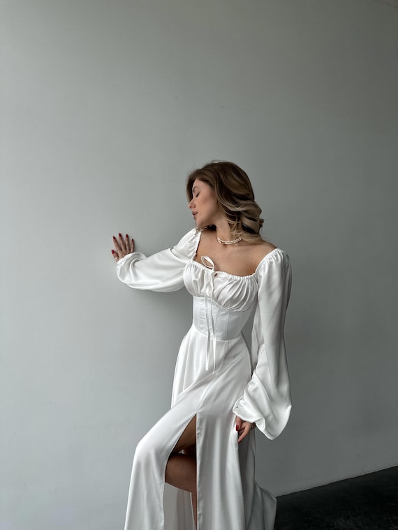 cream silk long sleeve dress Kasya Cream Satin Long Sleeve Mini Dress - US 6