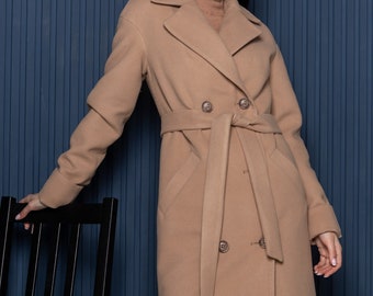 Beige Wool Coat with Belt and Buttons, Long Wool Coat Women, Double-Breasted Wool Coat, Fall Wool Coat, Camel Wool Coat Double Breasted