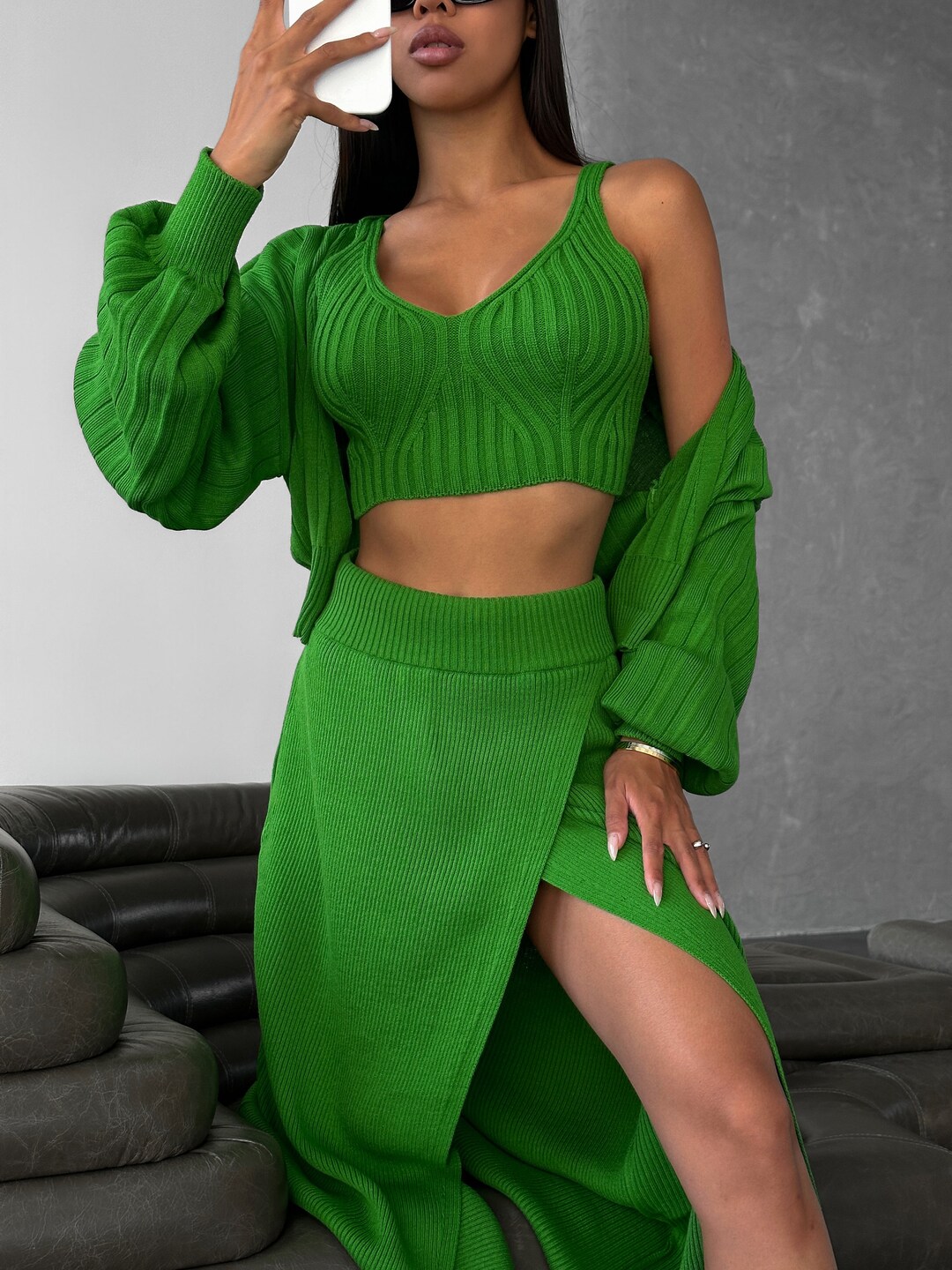 Grass Green Knit Skirt Set With Midi Skirt Buttoned Short Etsy