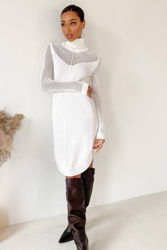 White Knit Midi Cotton Turtleneck Dress with Mesh Sleeves