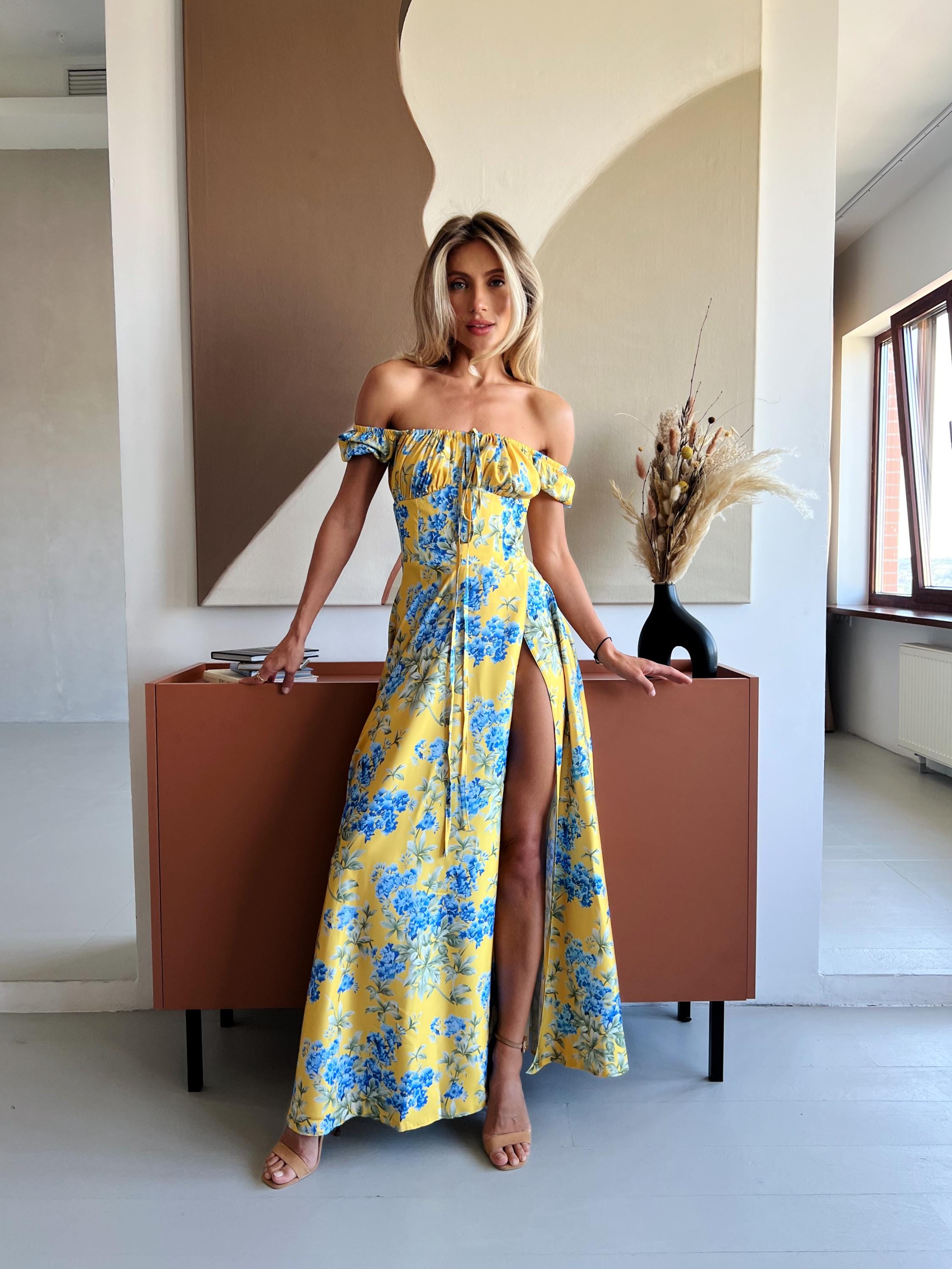 yellow floral silk dress Yellow Silk Satin Maxi Dress: Floral Print Off-shoulder Gown