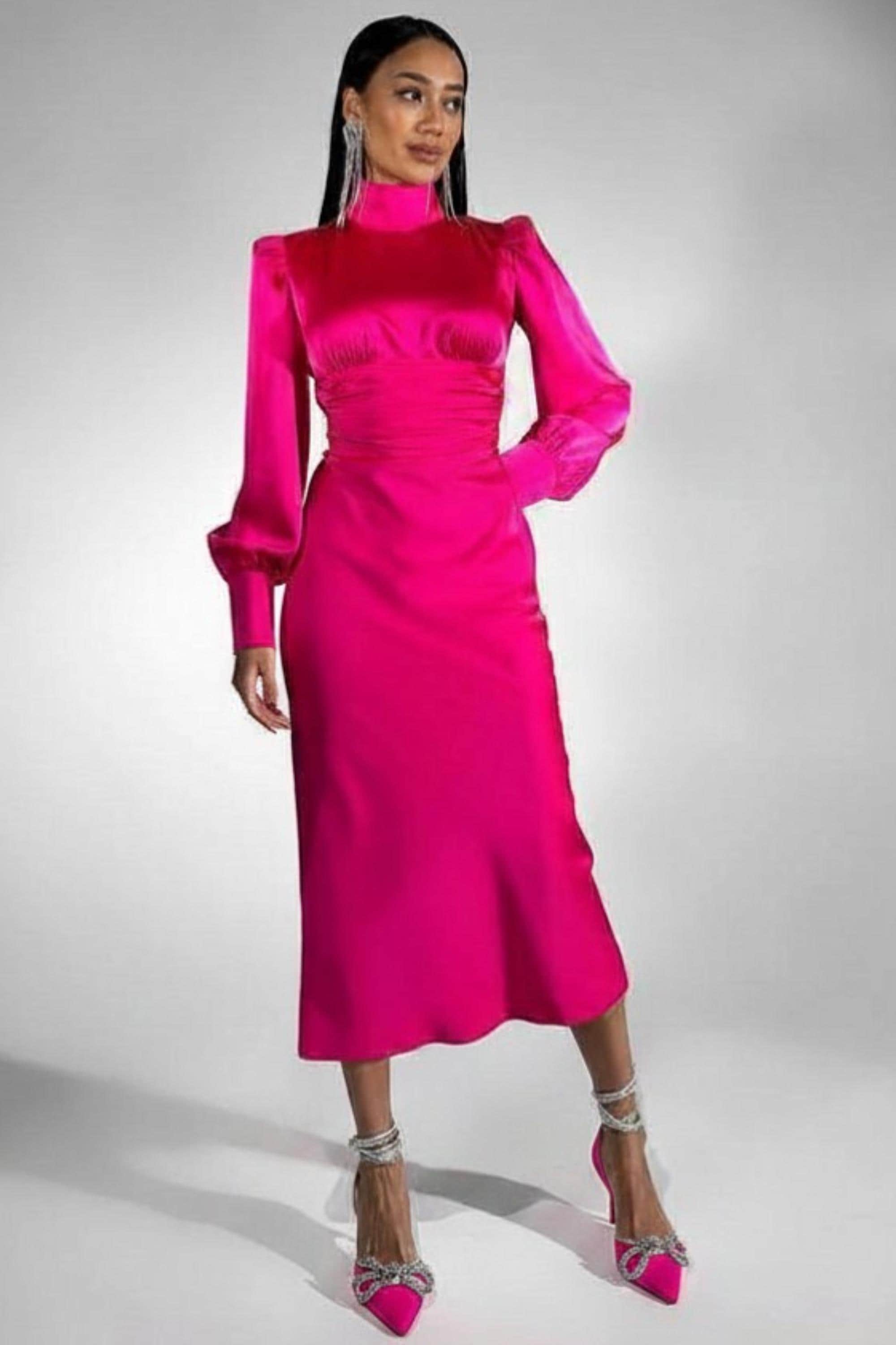 Hot Pink Satin Midi Dress Bishop Sleeves Open Back