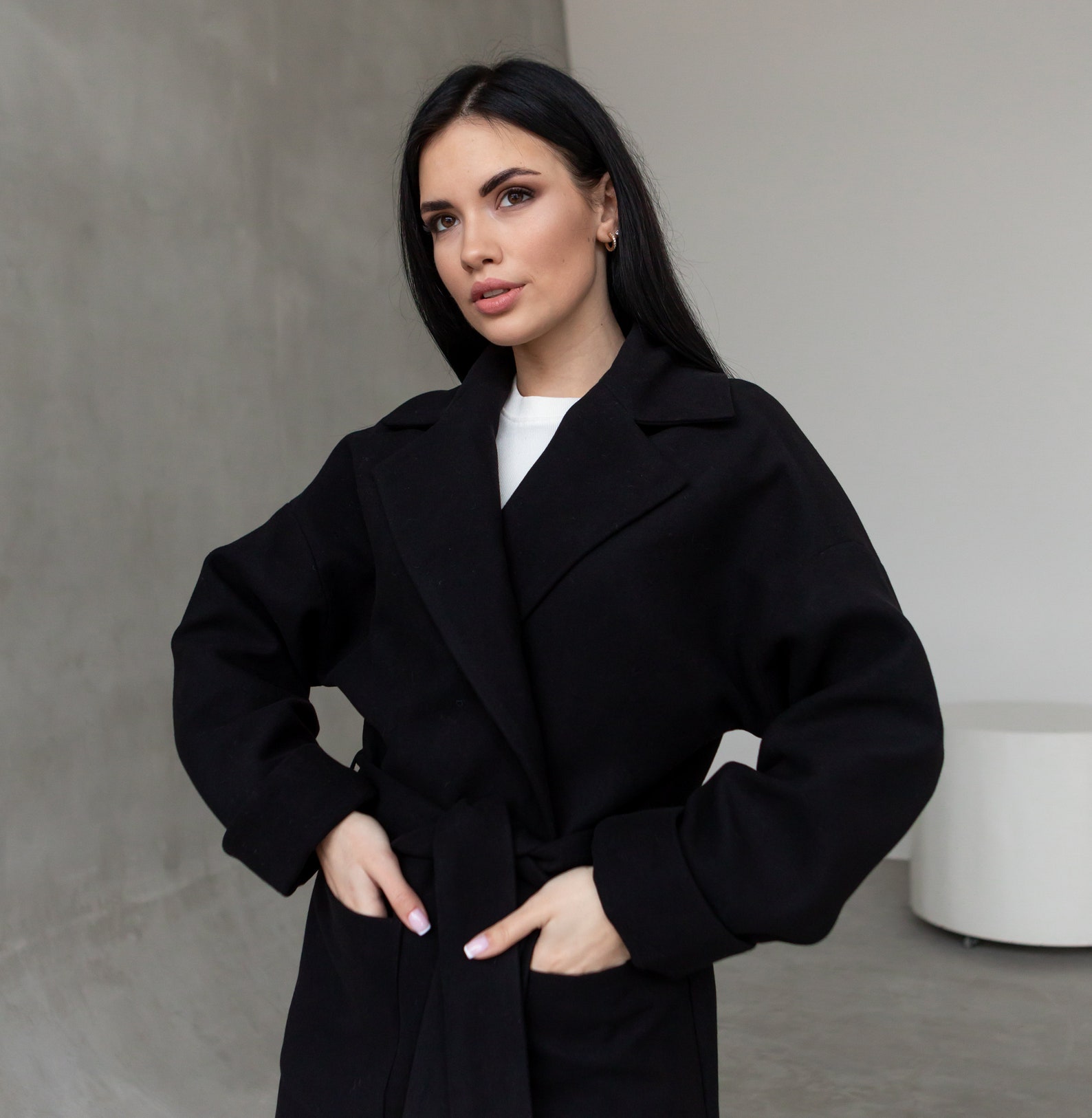 Black Wool Wrap Coat Women Fall Womens Wool Coat With Belt Etsy