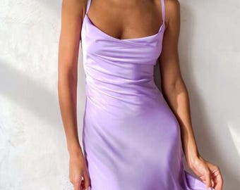 Lavender Silk Slip Midi Dress with Cowl Neck and tied back
