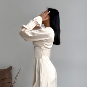 Champagne Satin Midi Dress With Long Sleeves, Ivory Silk Midi Dress for ...