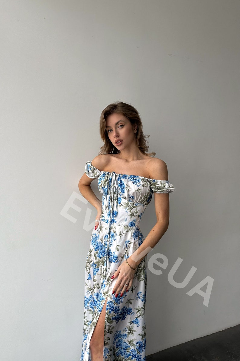 Floral Silk Maxi Dress with side slit and bustier Top, Floral Silk Maxi Dress for Summer, Vacation Dress for Honeymoon image 3