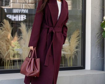 Burgundy Wool Wrap Long Coat for Women Fall/Spring, Belted Robe Coat