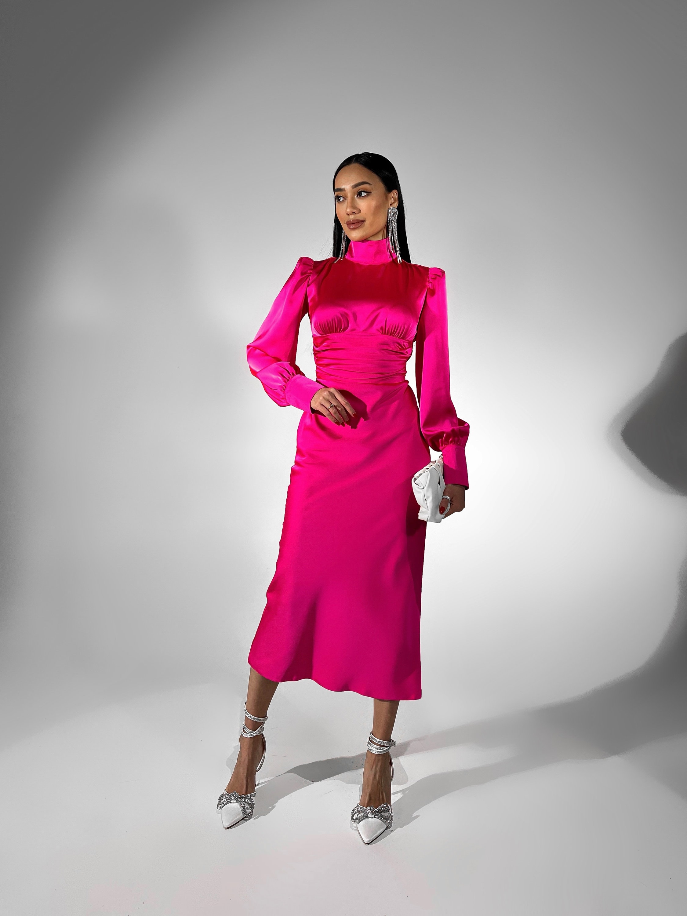 Hot Pink Satin Open Back Long Sleeve Dress