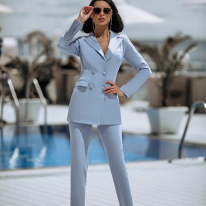 Hellblauer Damen Blazer Anzug, Büro Frauen 3-teiliger Anzug mit
