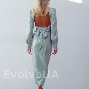 Pistachio Green Silk Open Back Dress with Long Sleeves, Silk Midi Dress with Bishop Sleeves, Silk Turtleneck Dress with Open Back