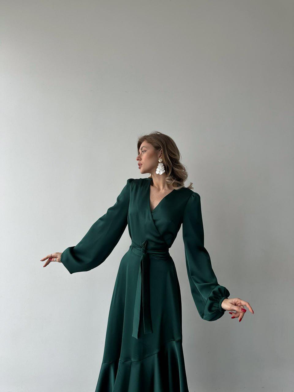 Emerald Green Silk True Wrap Maxi Dress with Long Bishop Sleeves Emerald Silk Wrap Wedding Guest Gown, Kentucky Derby Dress
