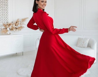 red dress modest Modest Formal Shimmery Vine Dress G492 Red