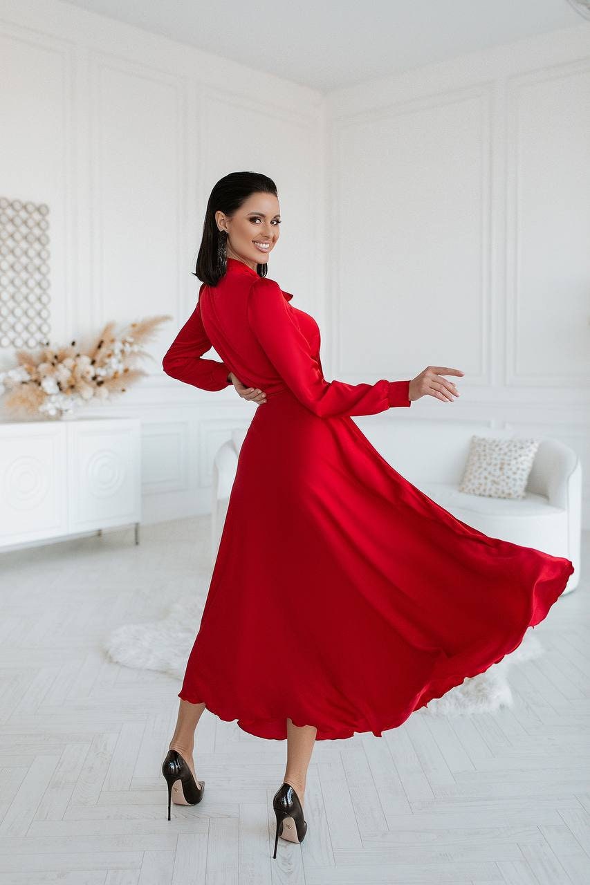 Red Silk Midi Dress, Long Sleeve Modest Dress - Etsy